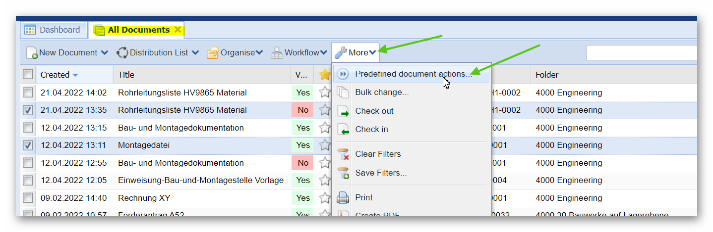 Predefined document actions