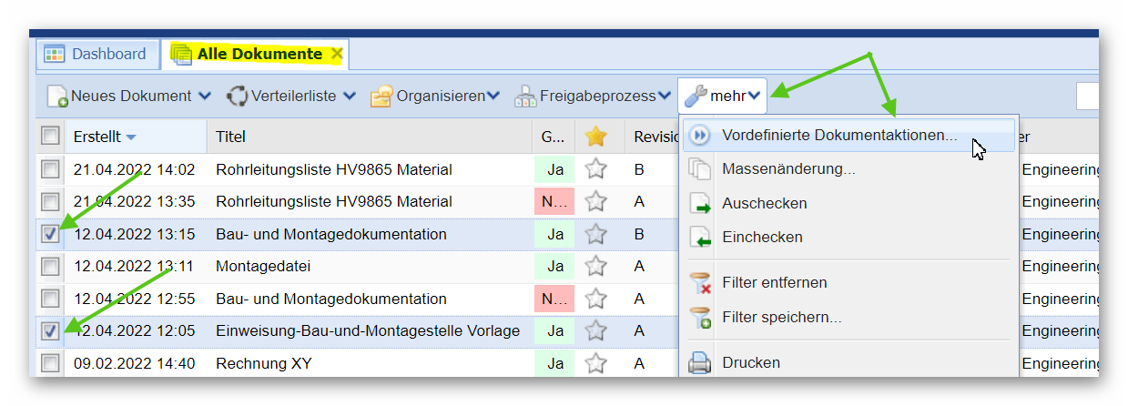 Vordefinierte Dokumentenaktionen