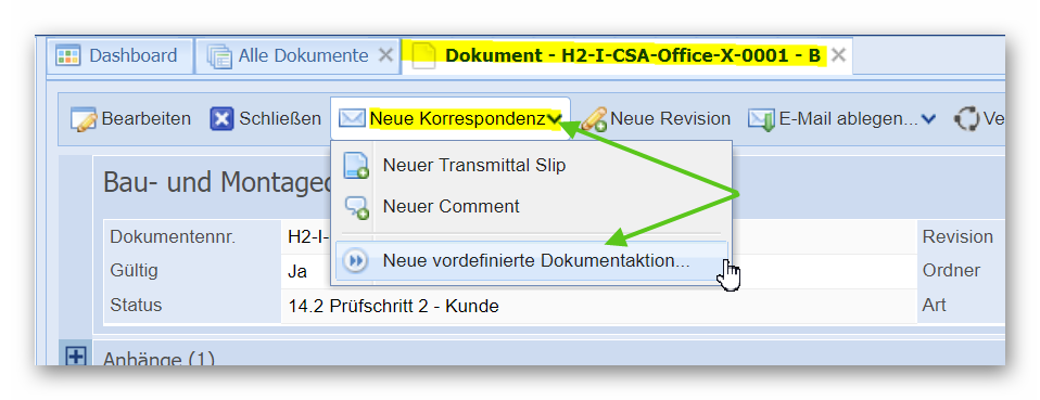 Neue vordefinierte Dokumentenaktion